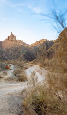 Charyn Kanyonu 'ndaki Kaleler Vadisi: Kumlu yol, kaya oluşumları, Kazakistan' ın vahşi doğası..
