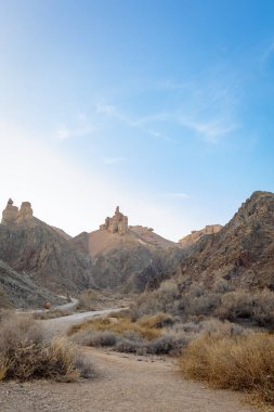 Tozlu yolu ve kayalık kaleleri olan geniş kanyon manzarası. Kazakistan 'ın vahşi doğası..