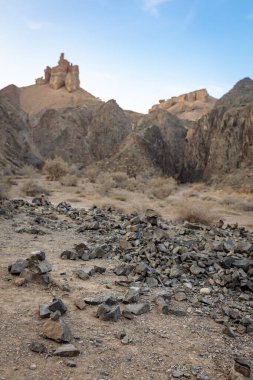 Kayalık ön planlı geniş kanyon manzarası ve uzak kayalık kaleler - vahşi doğa manzarası.