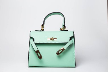 Zarif, nane yeşili, altın rengi tokalı, siyah kenarlı, yapılandırılmış, temiz beyaz arka planda izole edilmiş deri bir çanta..