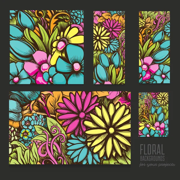 Set von schönen hellen Vektorkarten mit buntem floralen Hintergrund — Stockvektor