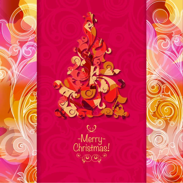 Tarjeta de felicitación de Navidad cuadrada con árbol de Navidad brillante hecho de remolinos de colores . — Vector de stock