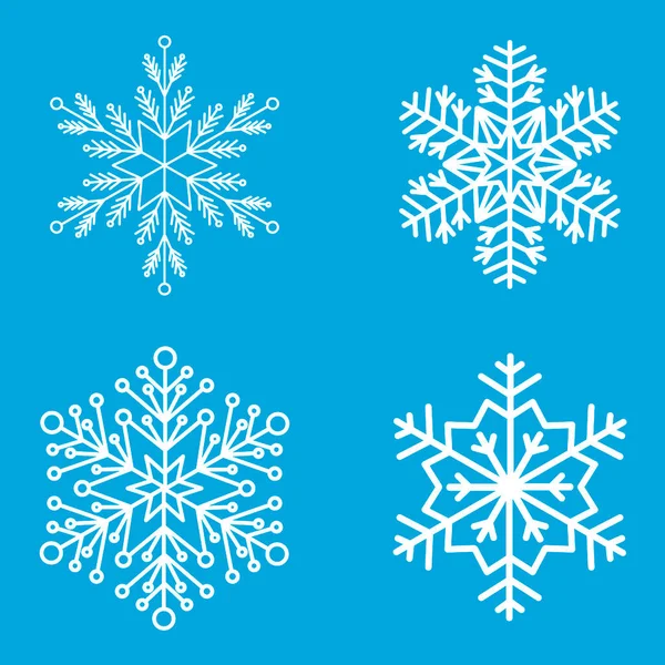 Copos Nieve Sobre Fondo Azul Conjunto Cuatro Hermosos Copos Nieve — Foto de Stock