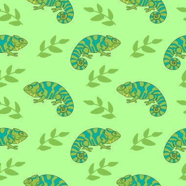 Bukalemun. Kusursuz desen. Şirin bukalemunlar ve dallarla desen.