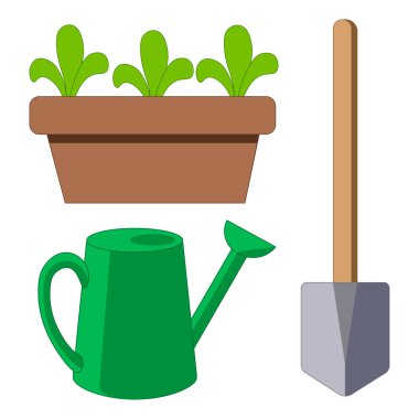 Çiçekli bahçe aletleri saksı sulama tenceresi ve kürek. Bahçe ve sebze bahçesi için. Kavanozdaki tohumlar.