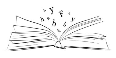 Açık bir kitap, içinde uçan harfler olan bir kitabın çizimi. Karalama tarzı bir kitap, siyah-beyaz, elle çizilmiş, eskiz tarzı, beyaz arka planda izole edilmiş..