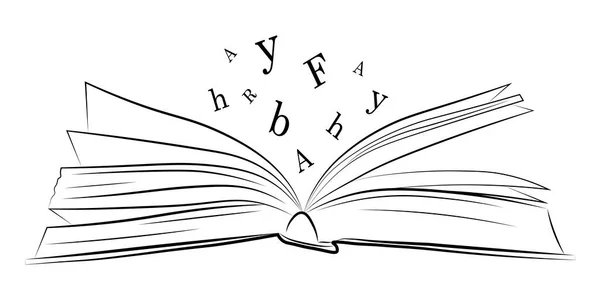 開いている本 飛行文字を持つ本の図面のスケッチ 白を基調とした 白黒手描きのスケッチスタイルのドアスタイルの本 — ストックベクタ