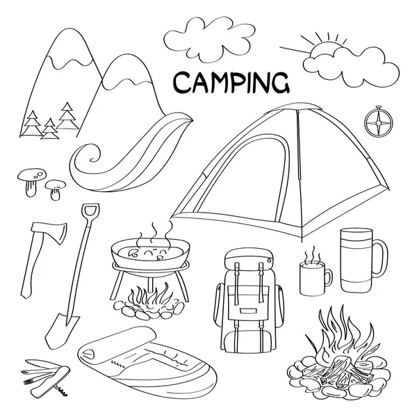 A set of design elements of the doodle forest camping. Hand-drawn doodles for hiking and camping are perfect for summer camp flyers and posters.