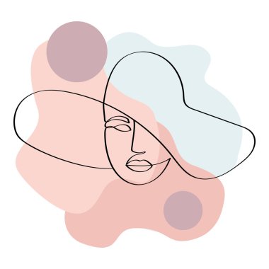 Asgari kadın yüzlü soyut poster. Tek çizgi çizim tarzı..  