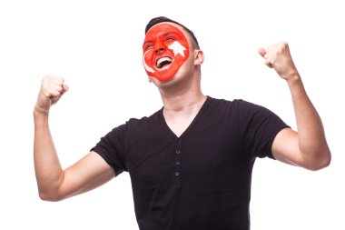 Zafer, mutlu ve gol çığlık duyguları Türk futbol taraftarı beyaz arka planda Türkiye Milli Takımı'nın oyun desteği. 