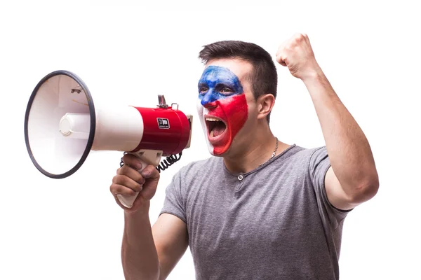 Scream on megaphone Czech on Turkey football fan in game supporting of Czech Republic national team on white background. — Stock Photo, Image
