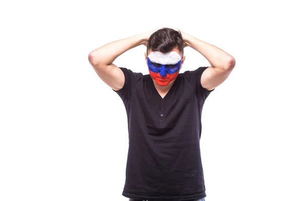 Infeliz y el fracaso de gol o perder las emociones del partido de fútbol ruso fan en el juego de apoyo a Rusia — Foto de Stock