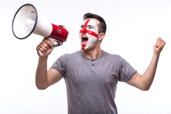 Scream on megaphone Englishman football fan in game supporting of England national team on white background. — Stock Photo, Image