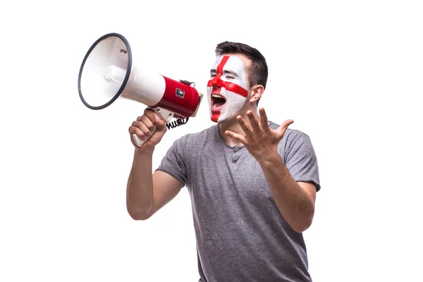 Scream on megaphone Englishman football fan in game supporting of England national team on white background. — Stock Photo, Image