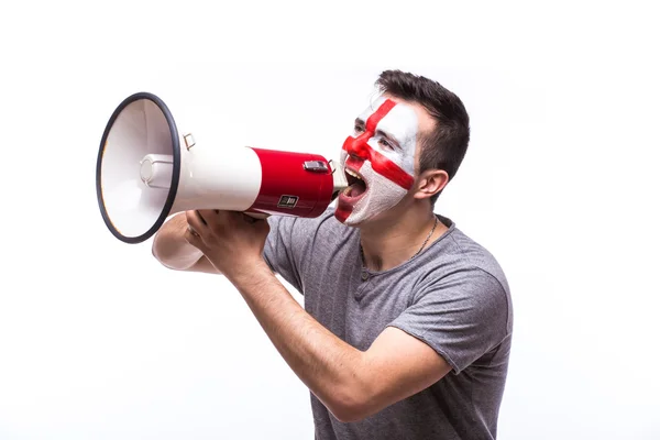 Scream on megaphone Englishman football fan in game supporting of England national team on white background. — Stock Photo, Image