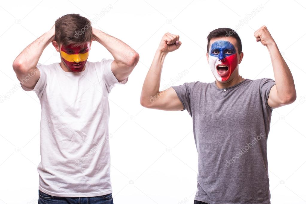 Czech Republic vs Spain. Football fans of national teams demonstrate emotions: Czech Republic win, Spain lose. 