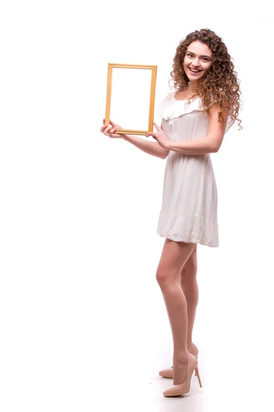 Feliz sorrindo mulher demonstrar quadro — Fotografia de Stock