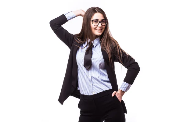 Retrato de la joven mujer de negocios feliz con las manos cerca de la cara — Foto de Stock