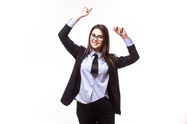Portret van gelukkige jonge zakenvrouw in glazen met handen omhoog — Stockfoto