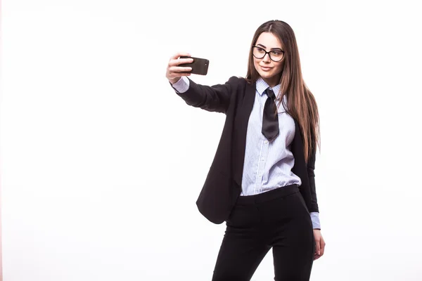 Gelukkig zakelijke vrouw nemen selfie — Stockfoto