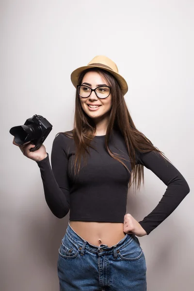 Cute tourist girl with photo camera — Stock Photo, Image