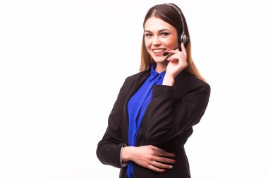 Mutlu gülümseyen kadın müşteri destek telefonu operatörü portresi 