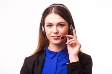 Mutlu gülümseyen kadın müşteri destek telefonu operatörü portresi 