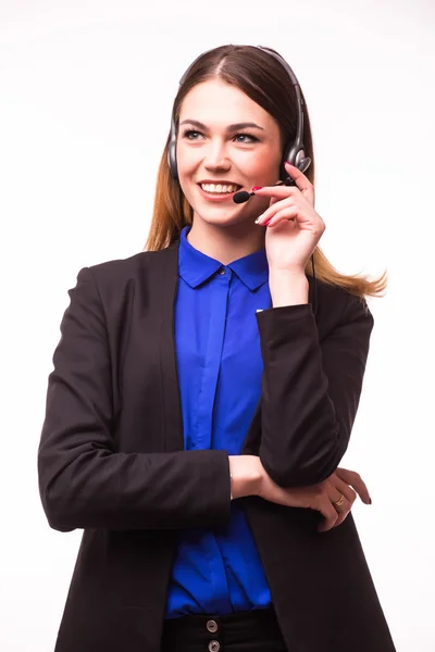 행복 하 게 웃는 여성 고객 지원 전화 연산자의 초상화 — 스톡 사진
