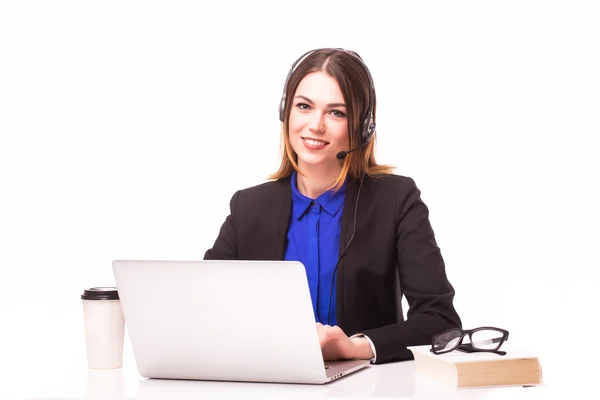 Retrato de feliz sonriente mujer operador de teléfono de atención al cliente —  Fotos de Stock