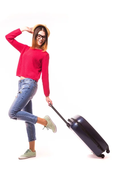 Mujer elegante con un viaje de maleta — Foto de Stock
