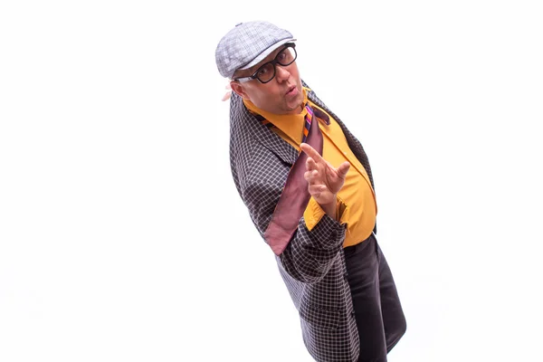 Viejo artista de showman masculino con instrumentos de música en blanco — Foto de Stock