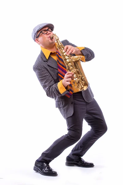 Artista cantante showman masculino con instrumentos de música en blanco — Foto de Stock