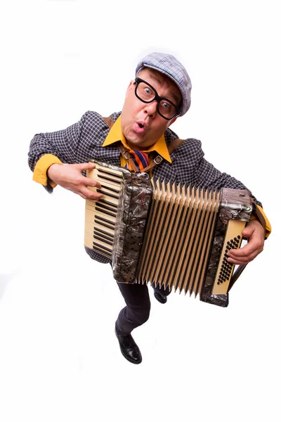 Old male showman singer artist with music instruments on white — Stock Photo, Image