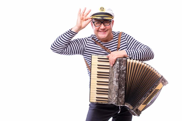 Alter männlicher Showman Sänger Künstler mit Musikinstrumenten auf weiß — Stockfoto