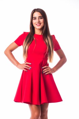 Farklı hareketi ile mutlu gülümseyen kadın