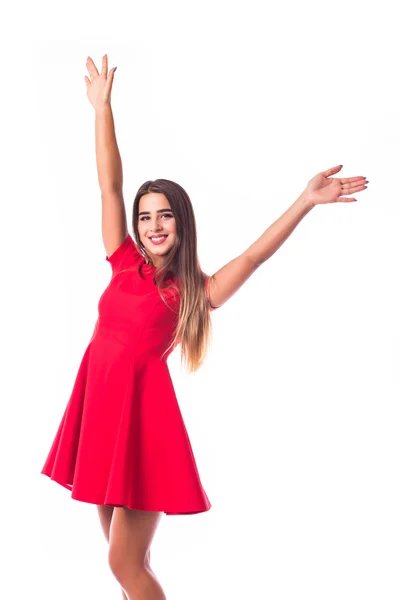 Mulher sorridente feliz com gesto diferente — Fotografia de Stock