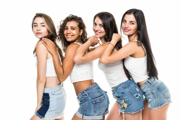 Pozytywne Przyjaciele Portret Czterech Szczęśliwych Dziewcząt Izolowane Białe Tło — Zdjęcie stockowe