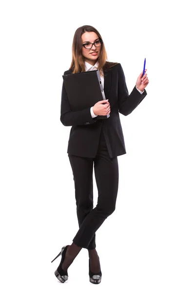 Geschäftsfrau bei der Präsentation eines Kopierraums. isoliert auf weißem Hintergrund. — Stockfoto