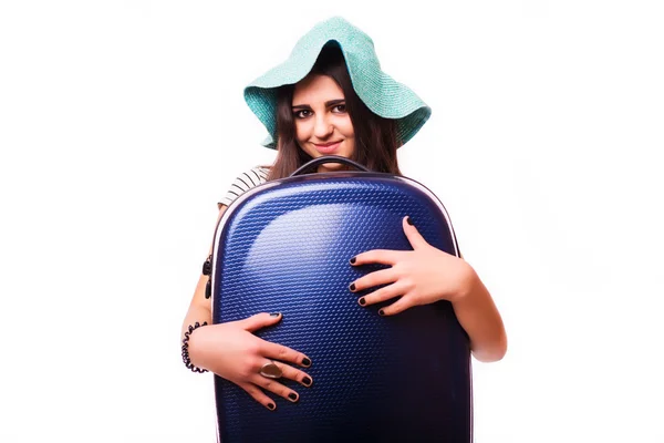 Seyahat konsepti beyaz bavullu.