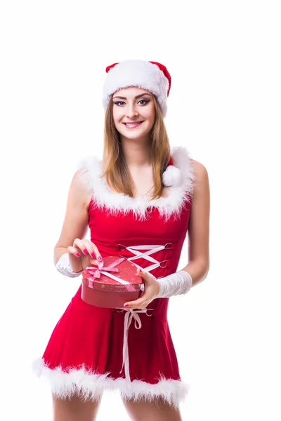 Piękna szczęśliwa kobieta w stroju Świętego Mikołaja — Zdjęcie stockowe