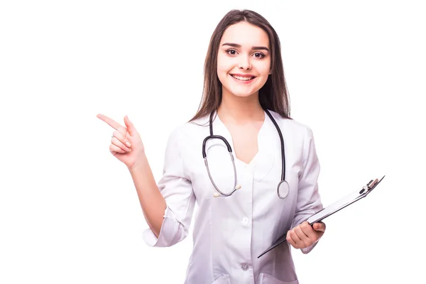 Pielęgniarka lekarz kobieta uśmiech z stetoskop, trzymać rękę pokazano coś na otwartej dłoni, koncepcja reklama produktu — Zdjęcie stockowe