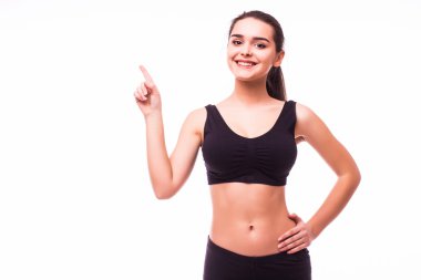 Fitness kadın bir şey açık avuç içinde gösterilen elini tut
