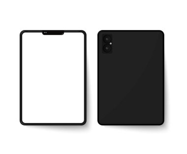 Önden ve arkadan siyah tablet. Beyaz arkaplandaki siyah tabletin vektör şablonu.