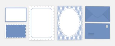 Kartpostallı tasarım şablonları. Kartvizitler, zarflar ve mavi renkli kartpostallar..