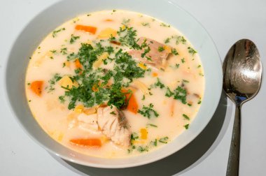 Geleneksel Belçika Waterzooi yemeği, balık, deniz ürünleri, patates ve sebzeli kremalı çorba - Belçika 'dan klasik bir teselli yiyeceğidir..