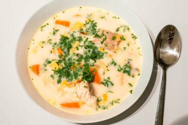 Geleneksel Belçika Waterzooi yemeği, balık, deniz ürünleri, patates ve sebzeli kremalı çorba - Belçika 'dan klasik bir teselli yiyeceğidir..