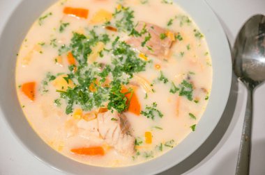 Geleneksel Belçika Waterzooi yemeği, balık, deniz ürünleri, patates ve sebzeli kremalı çorba - Belçika 'dan klasik bir teselli yiyeceğidir..