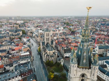 Panoramic drone view of Ghent highlighting its historical core and canal network.