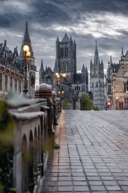 Ghent, Belgium - October 5, 2025 - Iconic view from St. Michaels Bridge showing the towers of Ghent rising above the historic city center.
