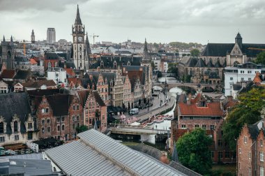 Ghent, Belgium - October 5, 2025 - Elevated panorama from the medieval castle of Gravensteen with views of towers and rooftops in Ghent.